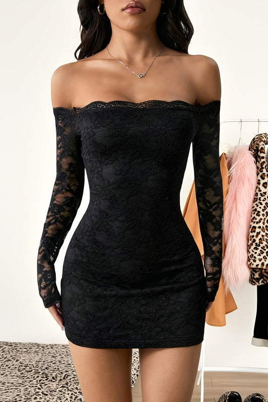 Black lace off-shoulder dress worn by a model with a blurred background