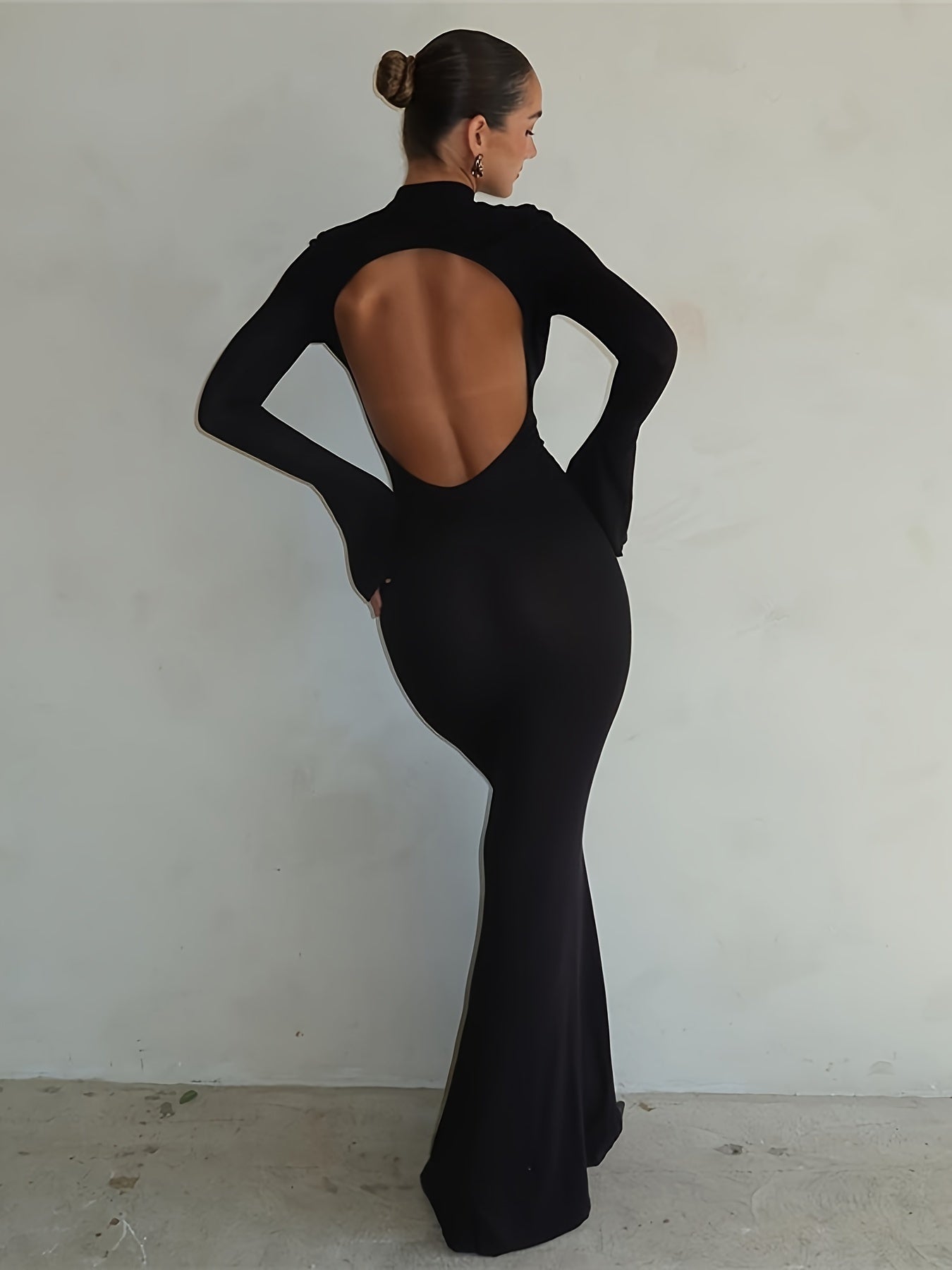 Black Long Sleeve Backless Mermaid Maxi Dress - Elegant Evening Gown