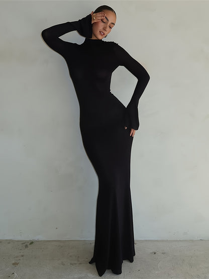 Black Long Sleeve Backless Mermaid Maxi Dress - Elegant Evening Gown