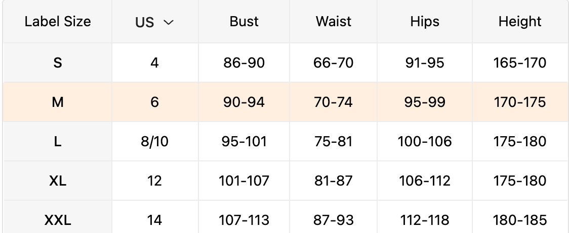 Table displaying clothing size chart with measurements for bust, waist, hips, and height.