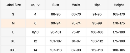 Table displaying clothing size chart with measurements for bust, waist, hips, and height.