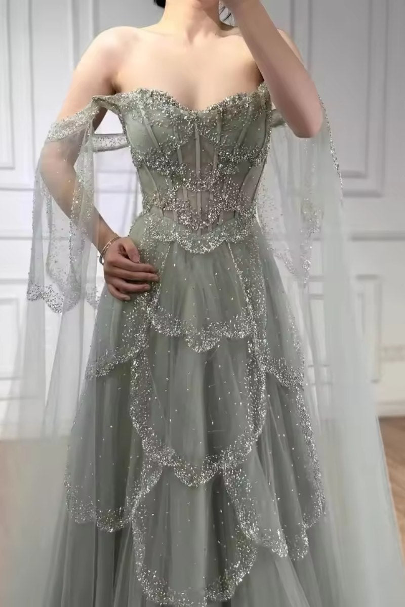 Ariadne Beaded Off-Shoulder A-Line Prom Dress in Sage Green