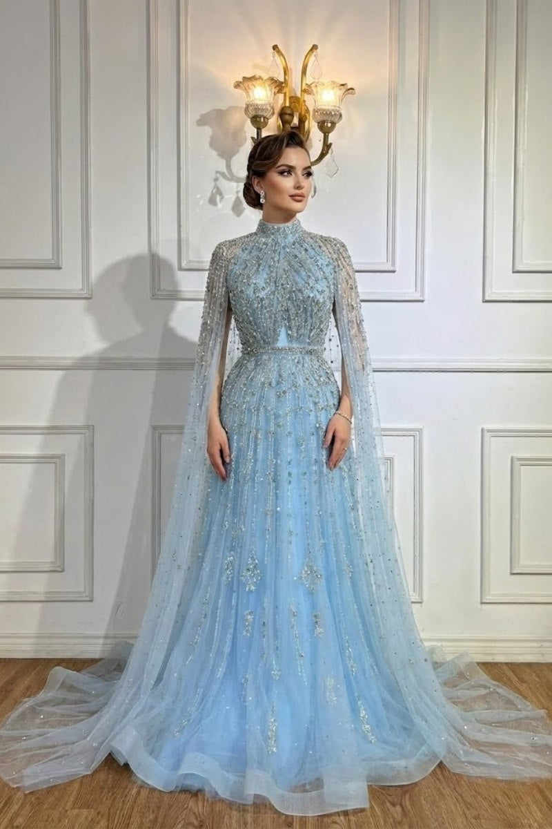 Astraea Beaded Modest A-Line Cape Prom Dress in Sky Blue