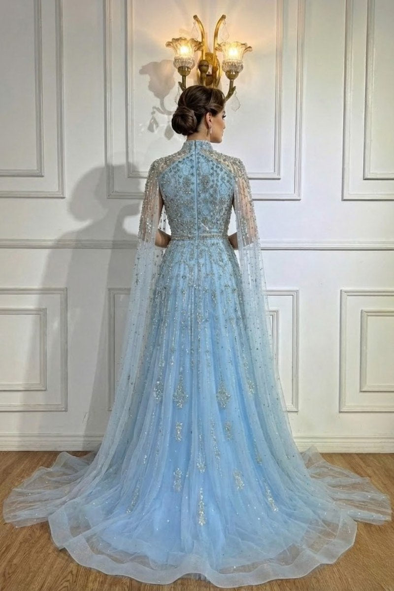 Astraea Beaded Modest A-Line Cape Prom Dress
