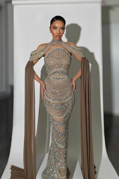 Aurevine Crystal Mermaid Prom Dress in Caramel