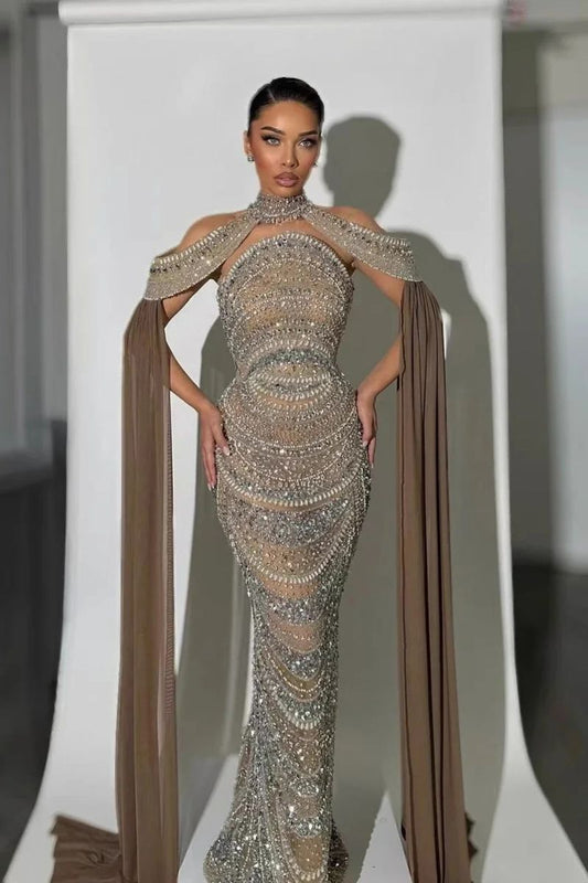 Aurevine Crystal Mermaid Prom Dress in Caramel