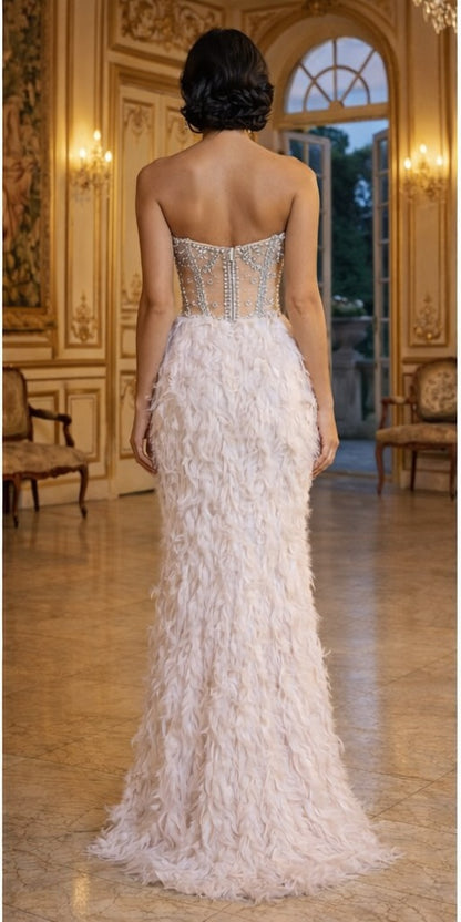 Bianca Crystal-Embellished Feather-Trim Maxi Dress in White