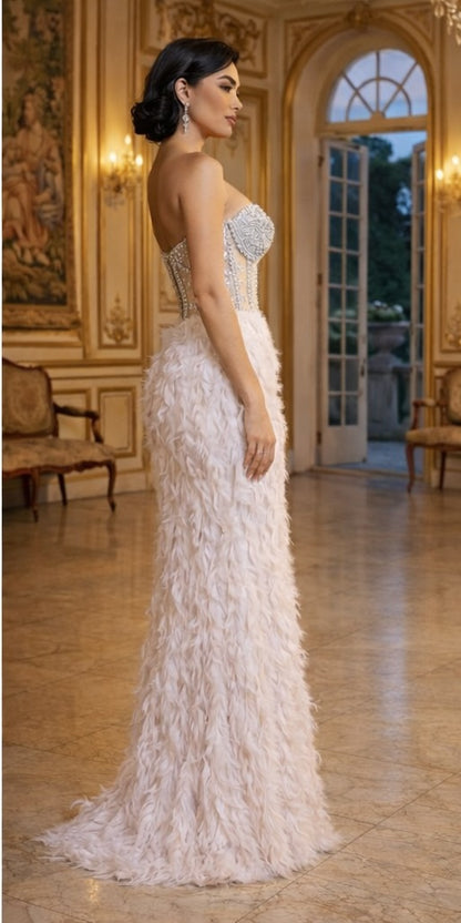 Bianca Crystal-Embellished Feather-Trim Maxi Dress in White