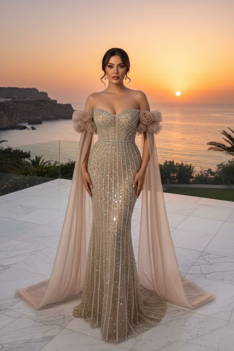 Calenne Crystal Column Prom Dress in Caramel