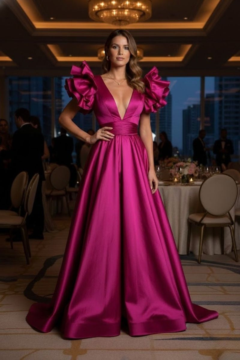 Cathy Deep V Satin Prom Dress in Rose Pink