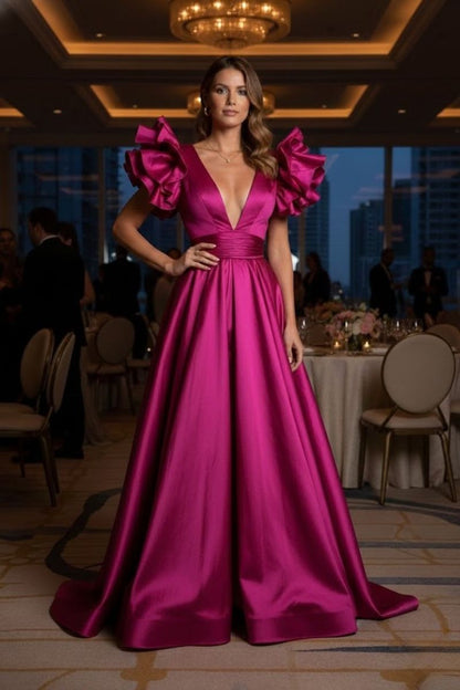 Cathy Deep V Satin Prom Dress in Rose Pink
