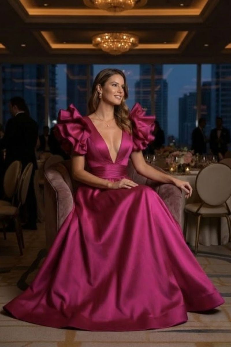 Cathy Deep V Satin Prom Dress in Rose Pink Lallume