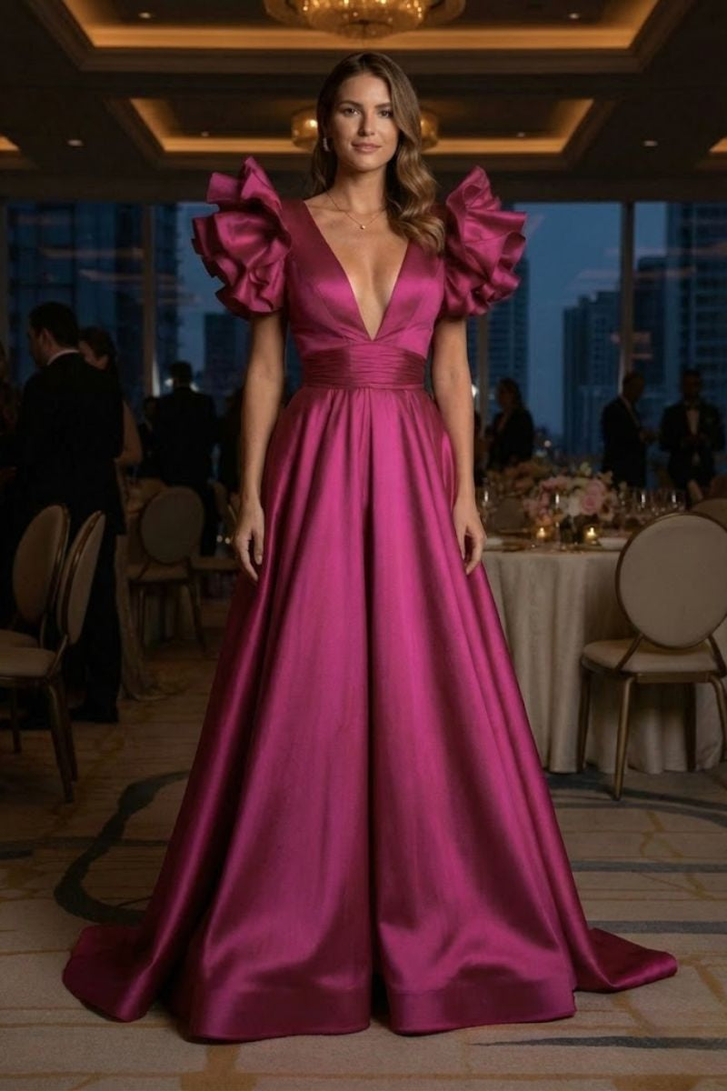 Cathy Deep V Satin Prom Dress Rose 