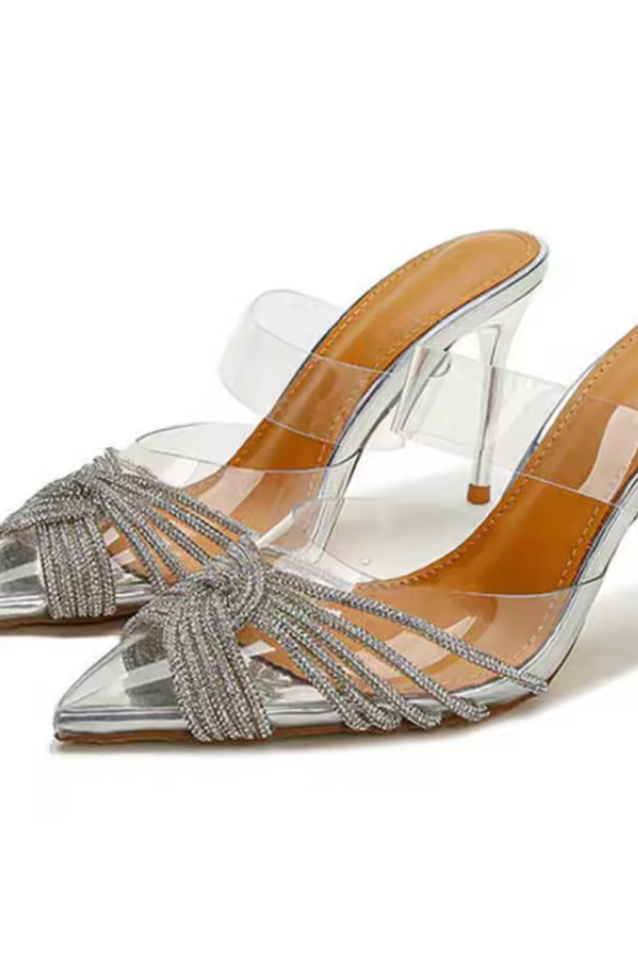 Crystal-Embellished Stiletto Sandals in Silver
