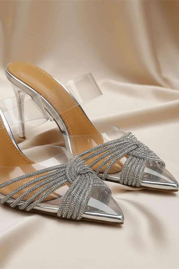 Crystal-Embellished Stiletto Sandals in Silver