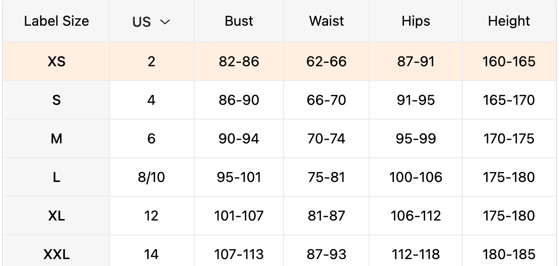 Table displaying clothing size chart with measurements for bust, waist, hips, and height.