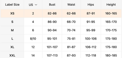 Table displaying clothing size chart with measurements for bust, waist, hips, and height.