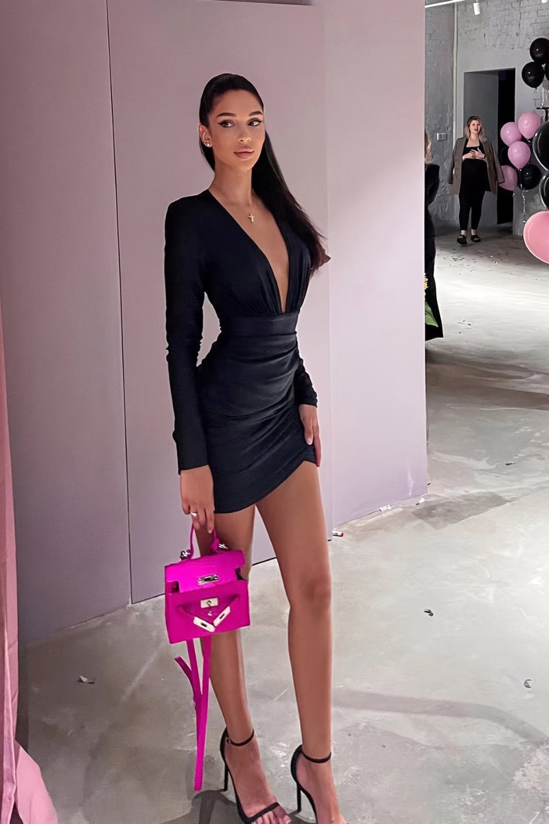 Genevieve Long-Sleeve Deep-V Mini Dress in Black