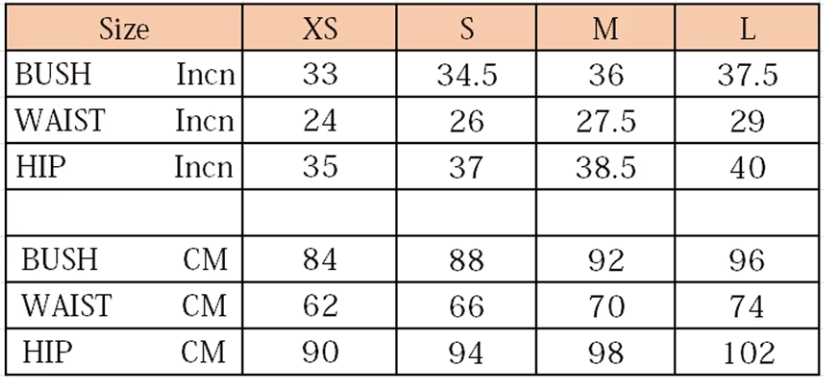 Measurement chart for bush, waist, and hip sizes in inches and centimeters.