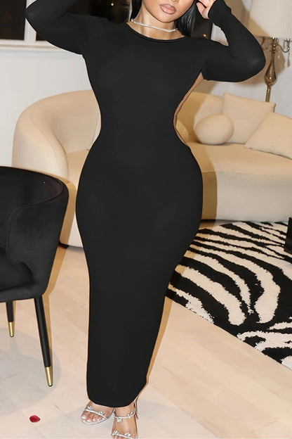 Iris Long-Sleeve Open-Back Maxi Dress in Black
