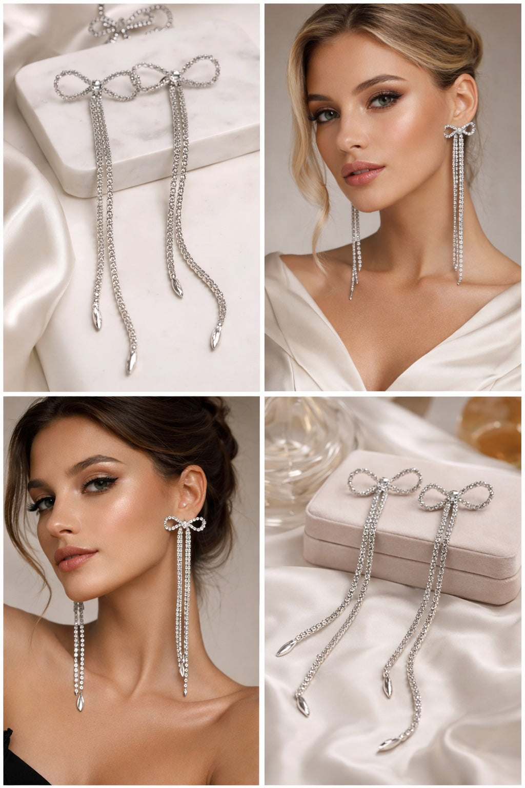 Collage of silver bow earrings on a white background with models wearing them.