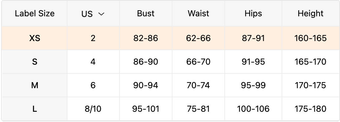 Size chart for clothing with measurements in inches and centimeters.