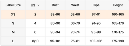 Size chart for clothing with measurements in inches and centimeters.