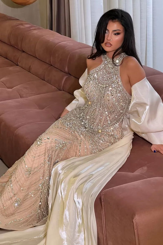 Maelis Crystal Halter Prom Dress in Nude