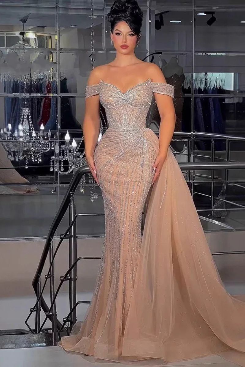 Maelisse Crystal Off-Shoulder Prom Dress in Nude