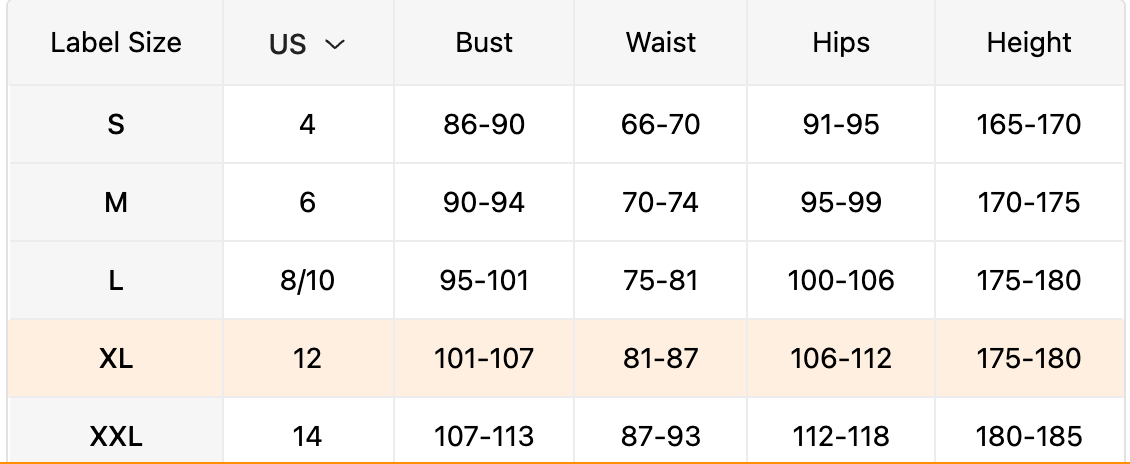 Size chart for clothing with measurements in US, UK, and EU formats.