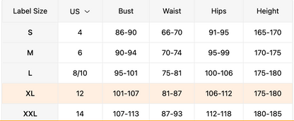 Size chart for clothing with measurements in US, UK, and EU formats.