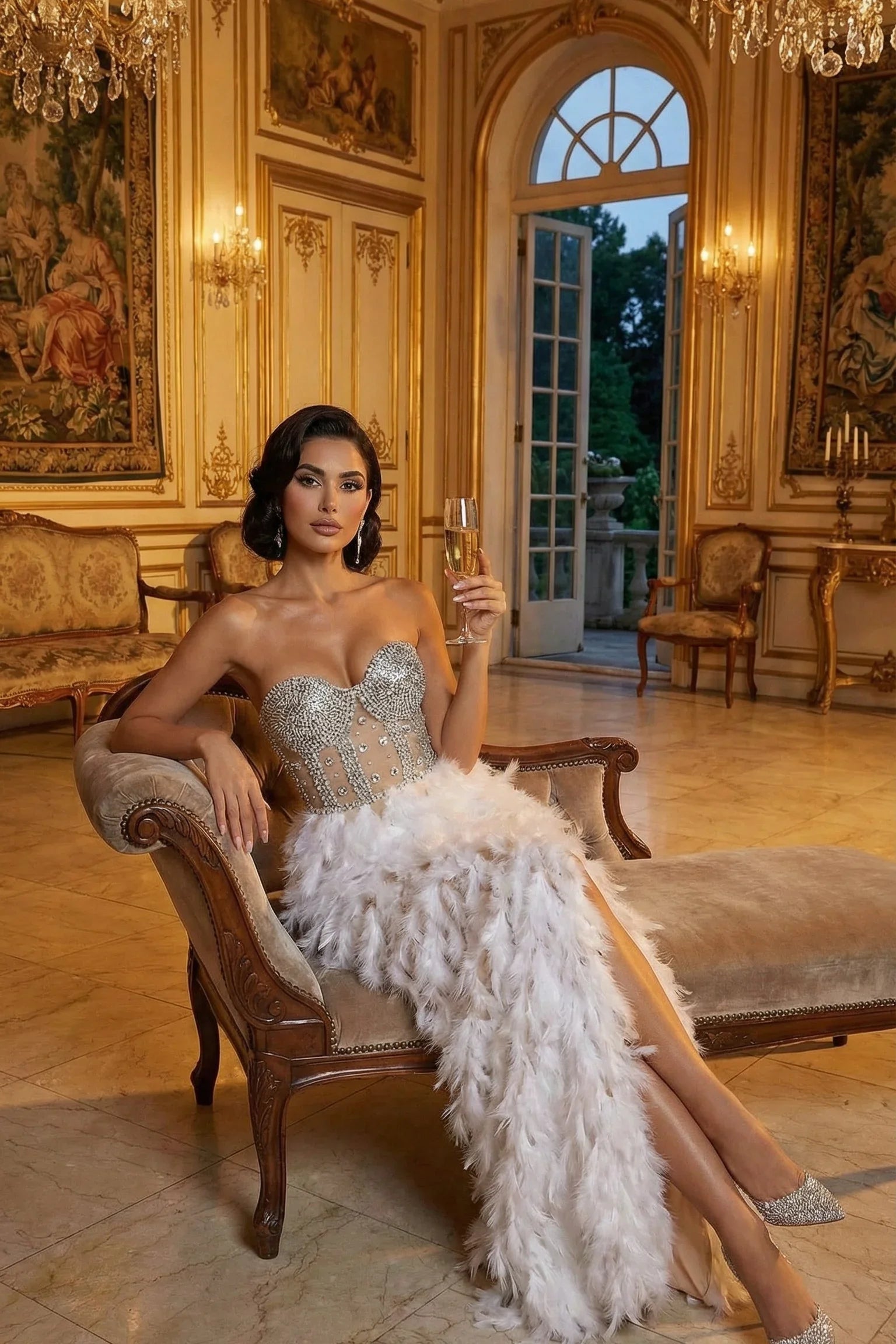 Woman in a strapless embellished feather maxi dress sitting on a chaise lounge in an elegant room