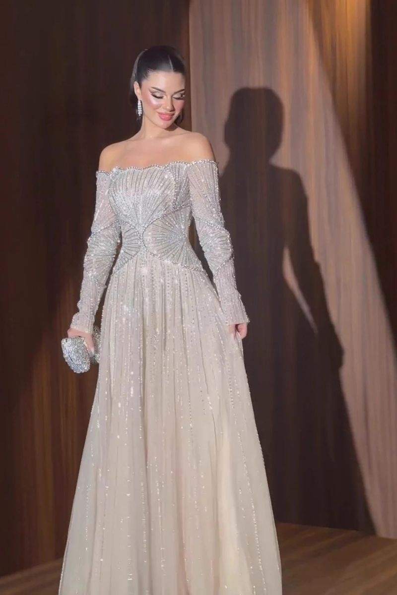 Mireva Crystal Off-Shoulder Prom Dress in Beige