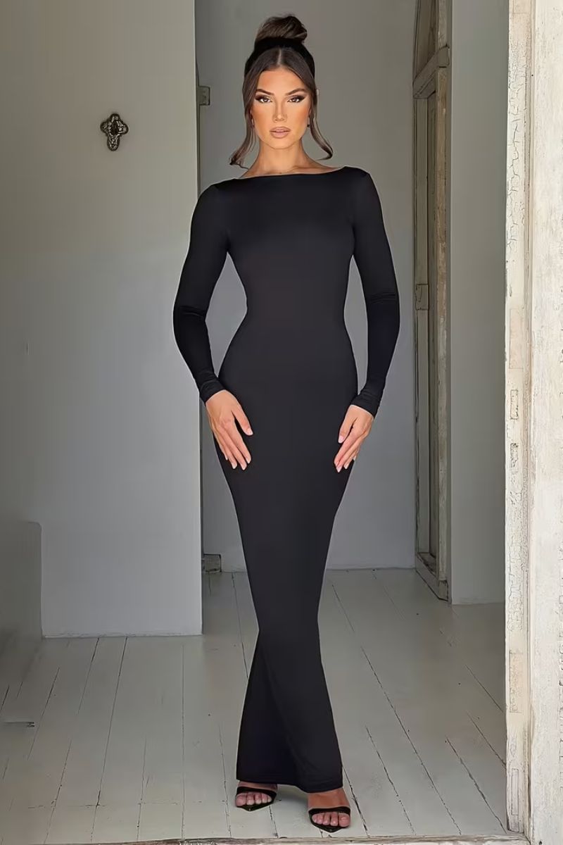 Noemi Long-Sleeve Fitted Maxi Dress with Draped Hip and V-Back in Black