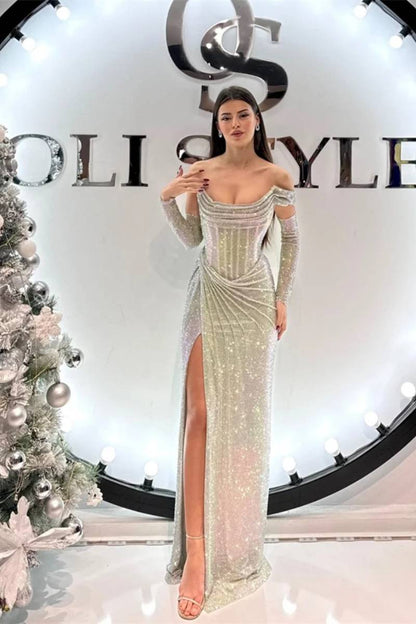 Noémie Crystal Off-Shoulder Prom Dress in Silver