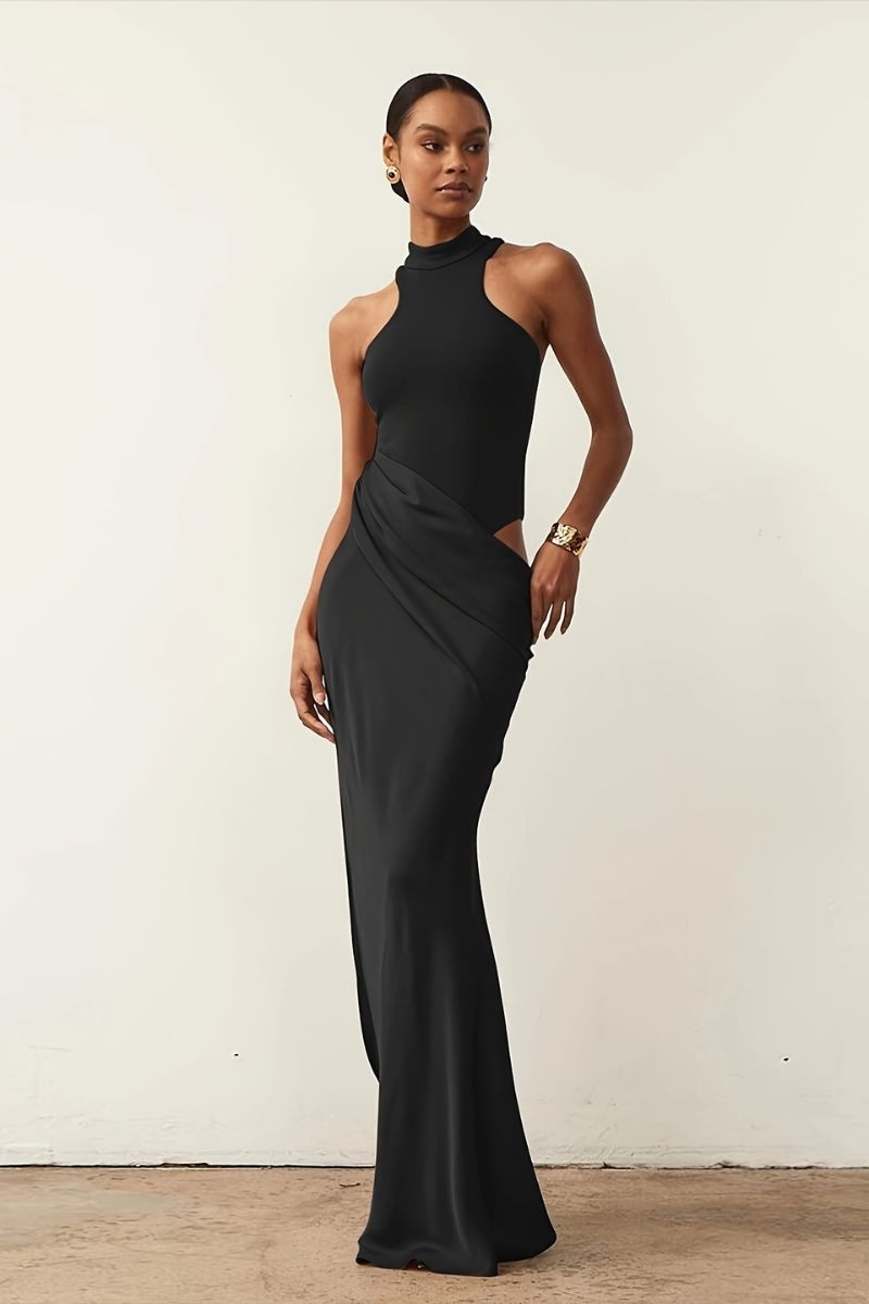 Nyra Side-Cutout Maxi Dress in Black