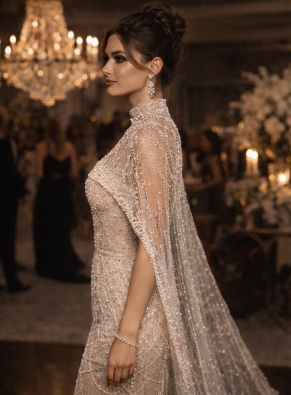 Pearl Cape Mermaid Gown - Arabic Evening Graduation Dress