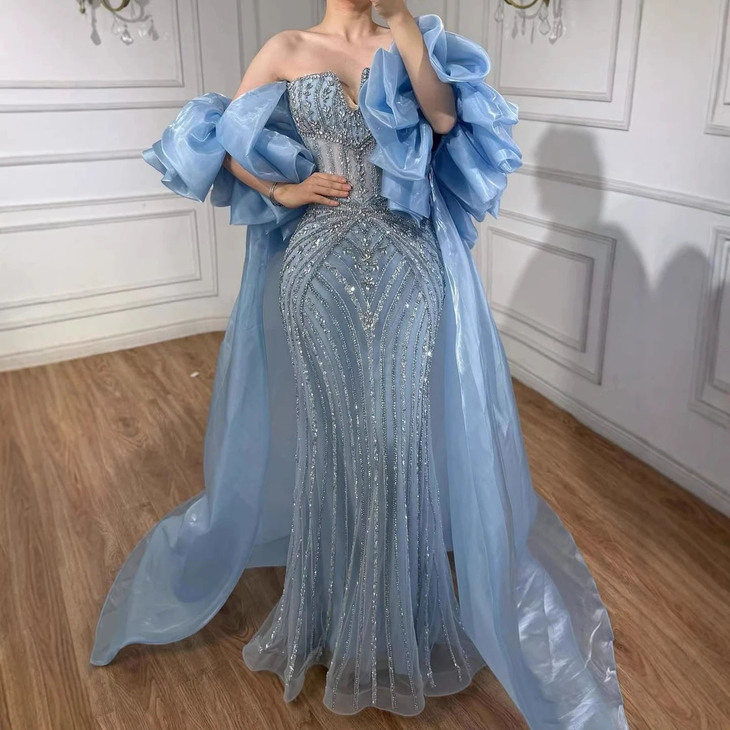 Aurette Strapless Veil-Detail Luxury Maxi Dress in Blue