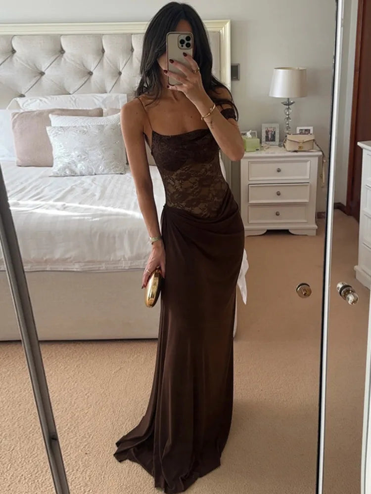 Elarae Spaghetti-Strap Lace Maxi Dress in Brown