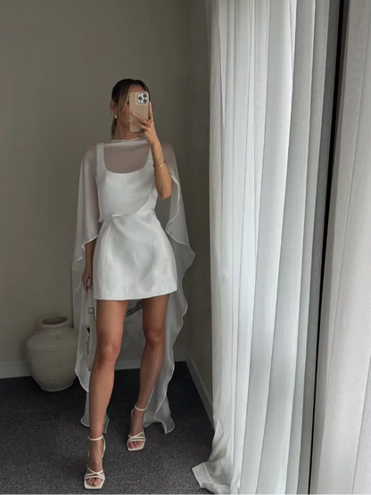 Vivienne Sheer Tulle Cape A-Line Mini Dress in White