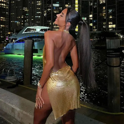 Oriana Gold Side-Slit Mini Dress