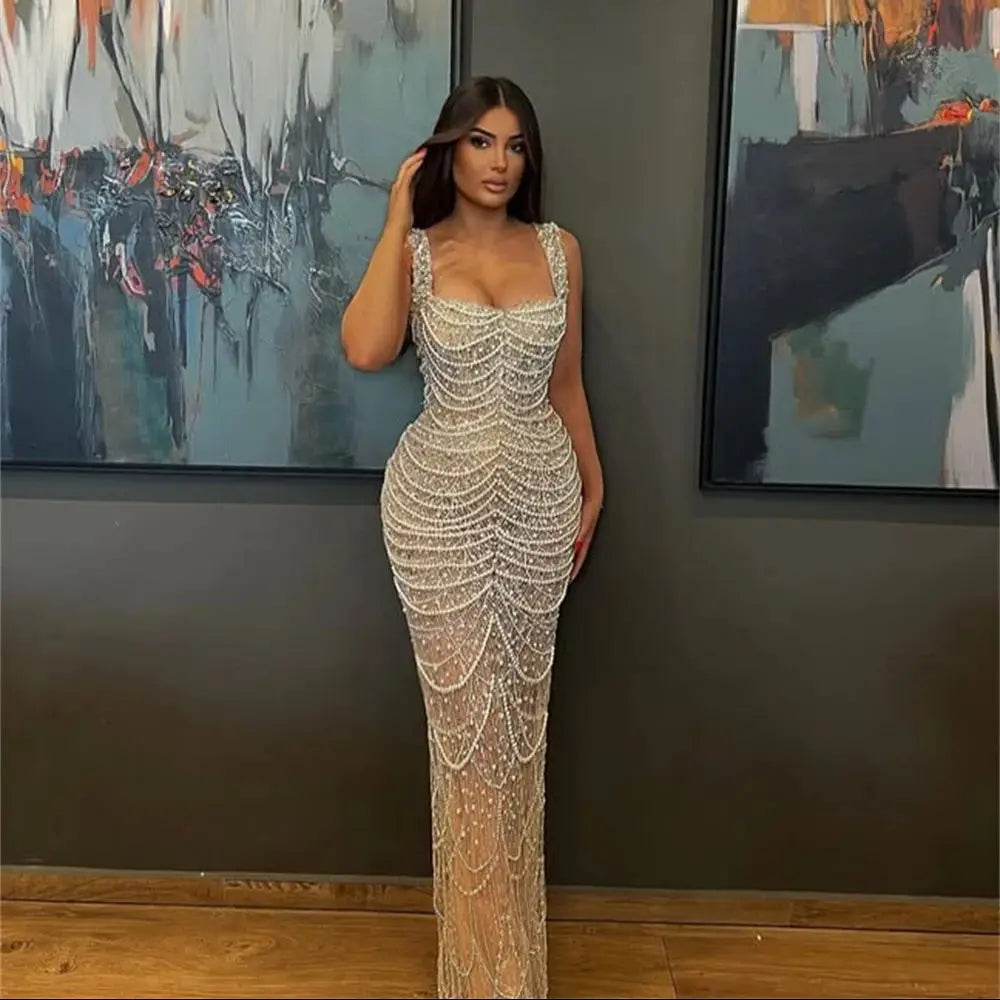 Beaded Trumpet Prom Dress - Sweetheart Neck Sleeveless Evening Gown