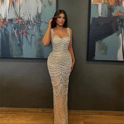 Beaded Trumpet Prom Dress - Sweetheart Neck Sleeveless Evening Gown