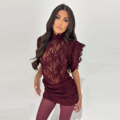 Sophia Lace Mini Dress in Brown