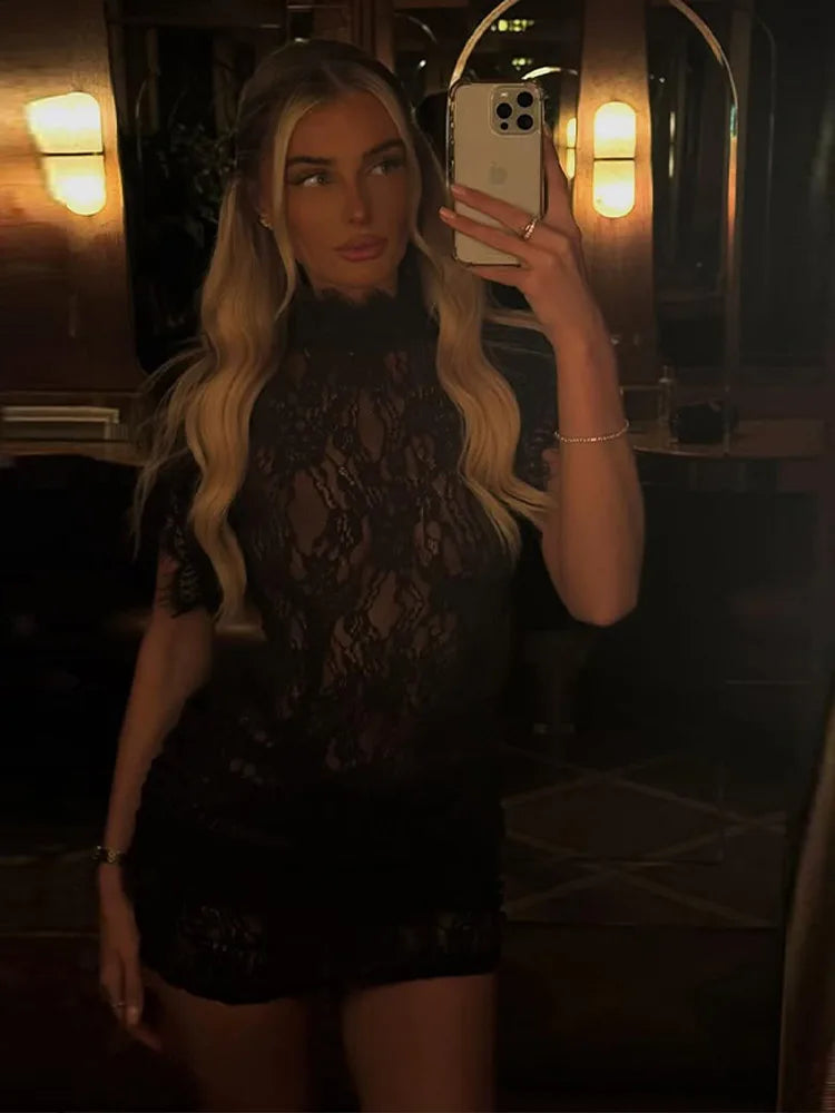 Sophia Lace Mini Dress in Brown