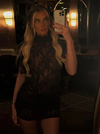 Sophia Lace Mini Dress in Brown