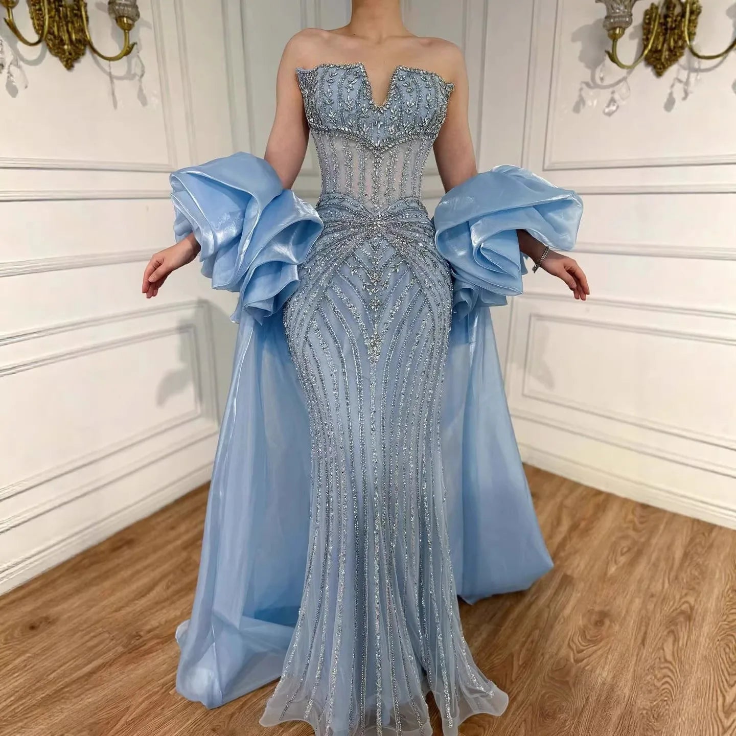 Aurette Strapless Veil-Detail Luxury Maxi Dress in Blue