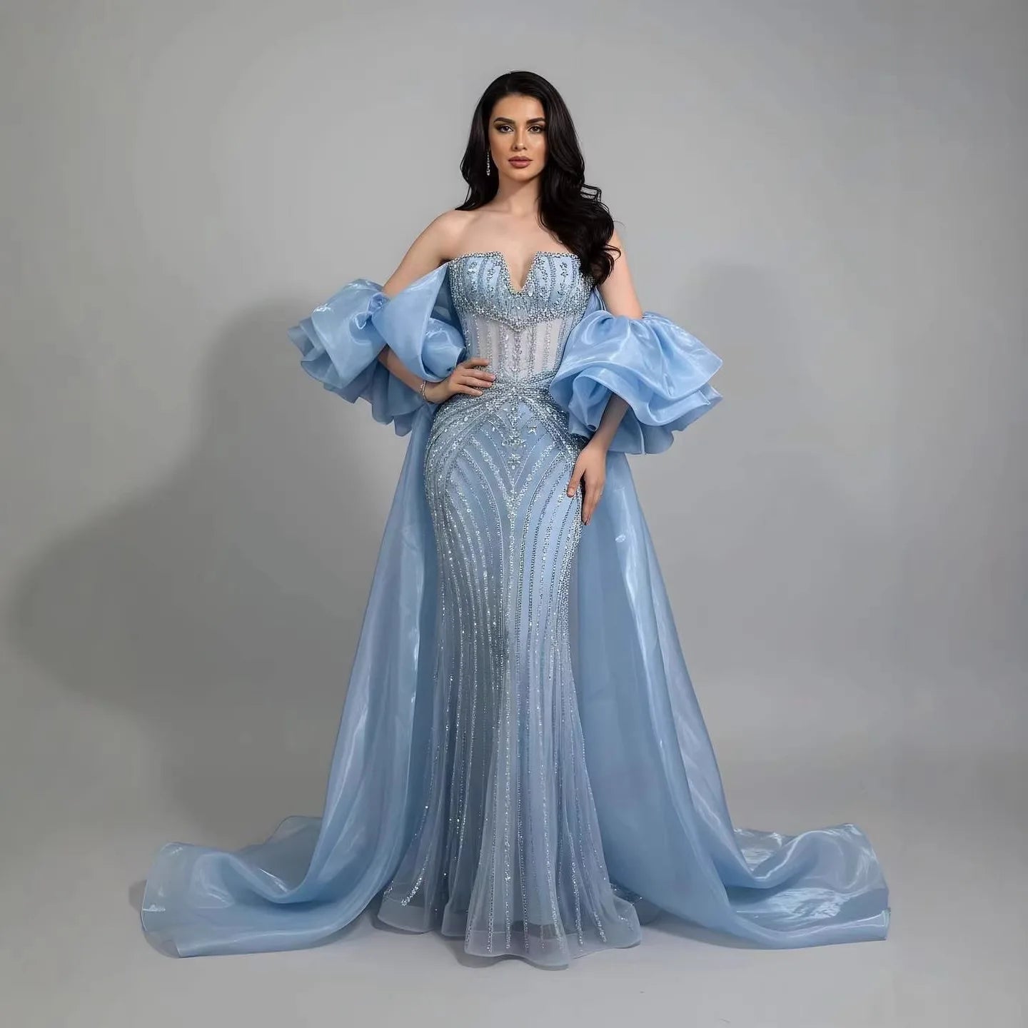Aurette Strapless Veil-Detail Luxury Maxi Dress in Blue