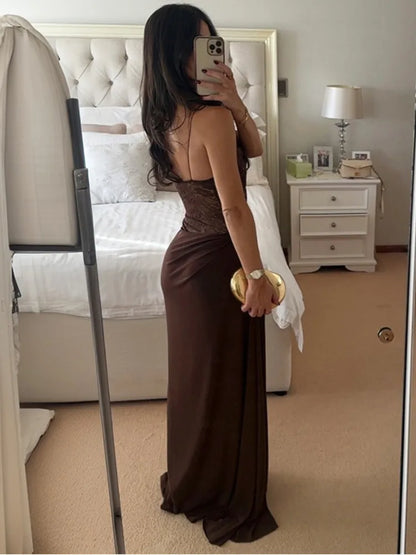 Elarae Spaghetti-Strap Lace Maxi Dress in Brown