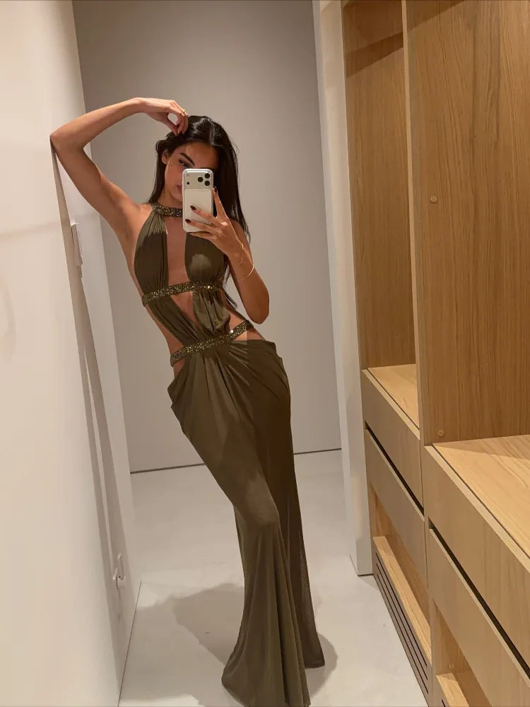 Aveline Side-Cutout Open-Back Maxi Dress in Khaki